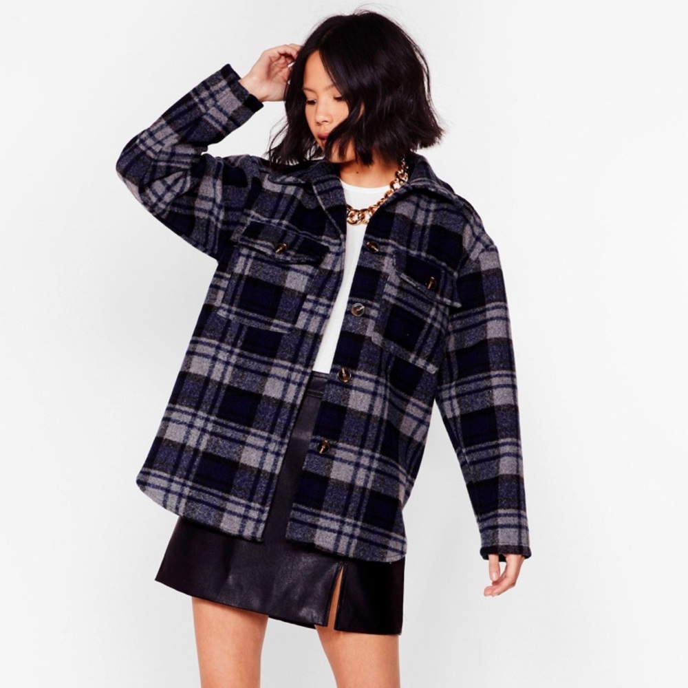 Nasty gal navy plaid shacket shirt jacket